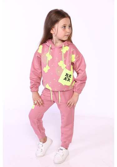 Toontoy Kız Çocuk Baskılı Eşofman Takımı Gri Melanj