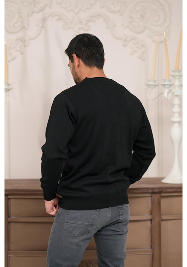 Woolen World Regular Fit V Yaka Ön Cepli Desenli Triko Hırka Siyah