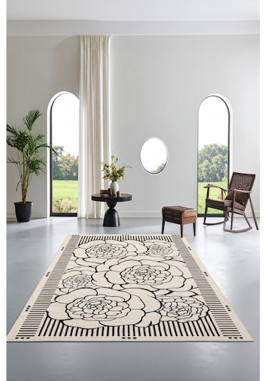 Zeminde Çizgisel Bahar Siyah Beyaz Çiçekli Kaymaz Taban Halı Siyah - Beyaz