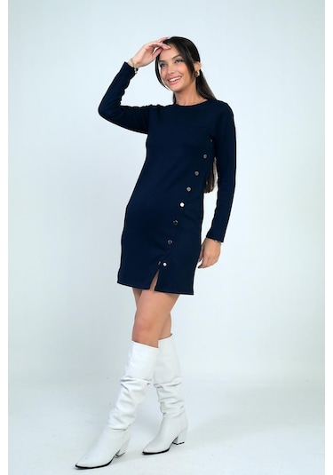 Kadın Çıtçıtlı Kısa Elbise-41798 Lacivert