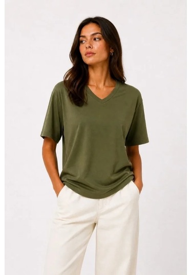Defymoda V Yaka Basic Tişört Kısa Kol Yazlık Regular Fit T-shirt - Haki