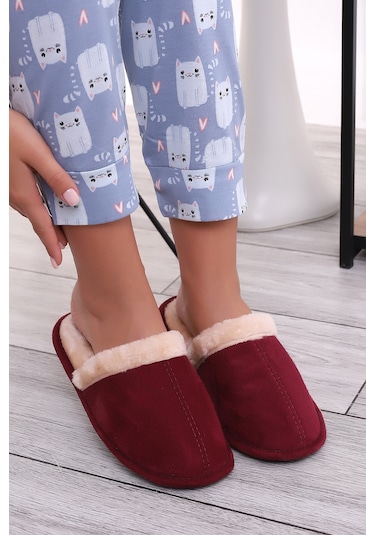 Wordex U050 Unisex Kışlık Ev İçi Terliği Kürklü Yünlü Terlik Bordo