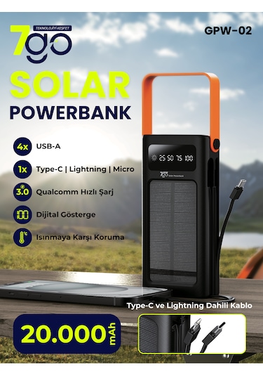 7go Gpw-02 20.000mah Solar Powerbank 4xusb-a, Qualcomm 3.0 Hızlı Şarj, Dahili Lightning & Usb-c Ka Siyah