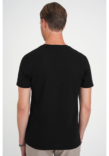 Comfort Fit Bisiklet Yaka Fitilli Kısa Kol Siyah Tişört Ts 912 Siyah