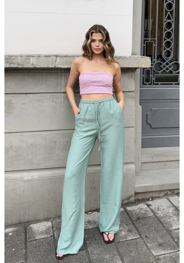 Pembe Keten Karışımlı Bol Kesim Pantolon Nil Yeşili