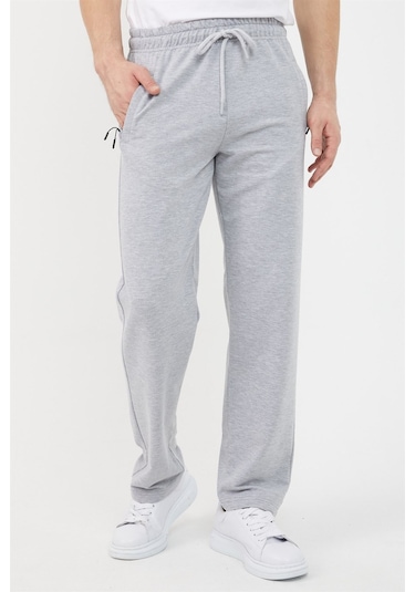Gri Erkek Düz Paça Cep Fermuar Detaylı Rahat Kesim Eşofman Altı