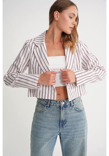 4641 Kadın Keten Çizgili Crop Ceket Bordo Bordo