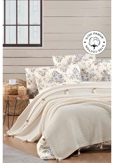 Vionel Home Pamuklu Waffle Desen Ponponlu Çift Kişilik Pike Krem