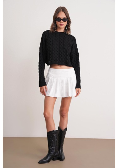 6863 Kadın Saç Örgülü Crop Triko Kazak Siyah Siyah