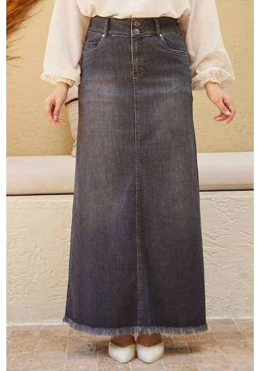 Neways 2252-Eteği Püsküllü Denim Etek Koyu Gri