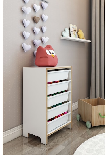 5 Sepetli Çok Amaçlı Oyuncak Dolabı Mdf Beyaz Beyaz