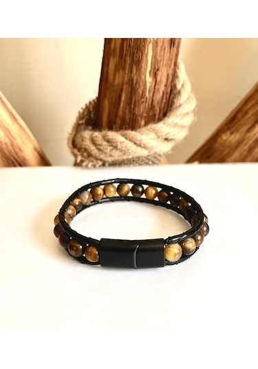 Kaplan Gözü Doğal Taş Çelik Hakiki Deri Erkek Bileklik 21 Cm Kahverengi - Siyah