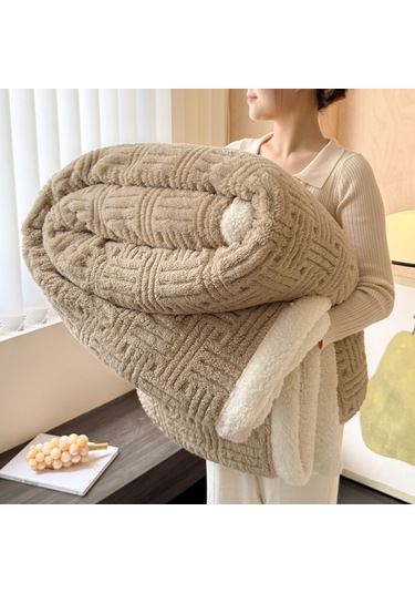 Kalınlaştırılmış Pamuklu Kadife Kuzu Kürkü Battaniye Öğle Uyku Örtüsü Deep Khakis