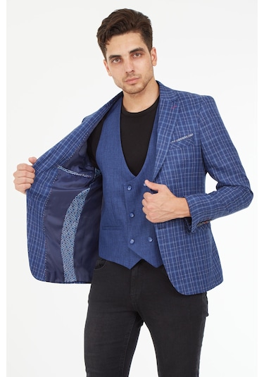 Sposo 5140 Yelekli Dar Kalıp Açık Laci Ekose Erkek Blazer Ceket Açık Lacivert