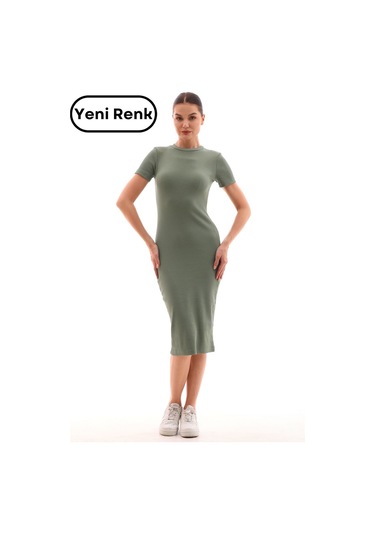 Haki Kısa Kollu Diz Altı Fitilli Esnek Kalem Elbise - 115 Cm