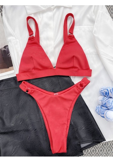 Ladyrosi Kırmızı Halka Detaylı Alt Üst Bikini Takım Kırmızı