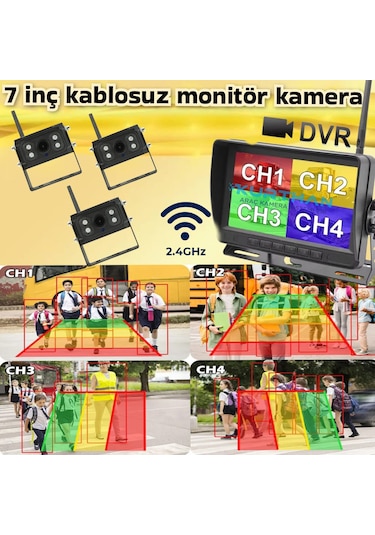 3 Adet Kablosuz Kamera Ahd 1080p 7 İnç Dvr Monitör Bsd Kör Nokta Sistemli 12 24 V
