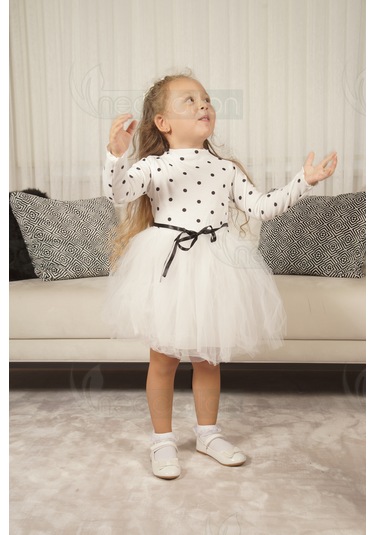 Puantiyeli Kız Çocuk Özel Günler İçin Tüllü Elbise Beyaz