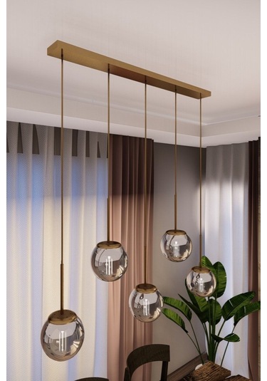 Dora Modern Sıralı Avize - Eskitme Metal, Füme Cam, 5'li Sarkıt, 1 Adet