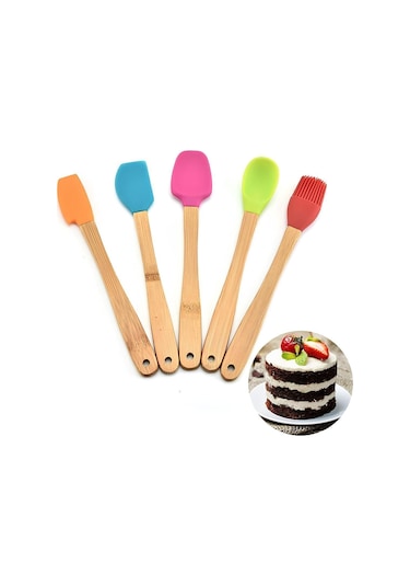 Mucit Home 5'li Renkli Bambu Saplı Silikon Uçlu Spatula Fırçalı Kaşık Seti Çok Renkli
