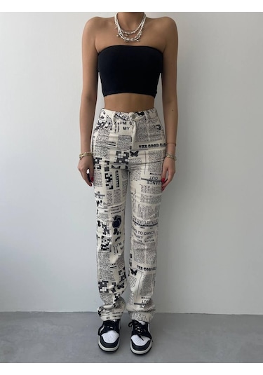 Gülsüm Aydın Novıne Gazete Desenli Pantolon Çok Renkli