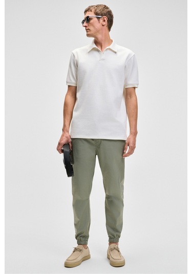 JAKOB Erkek Dokuma Yıkamalı 4 Cepli Kalın Dokulu Paçası Lastikli Açık Haki Pantolon