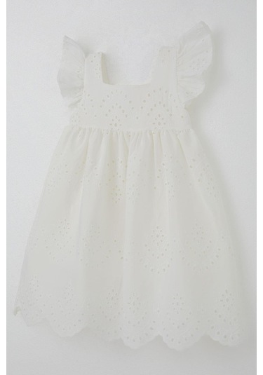 Breeze Kız Çocuk Elbise Çiçek Nakışlı Arka Kısmı Fermuarlı 3-8 Yaş, Ekru Ekru