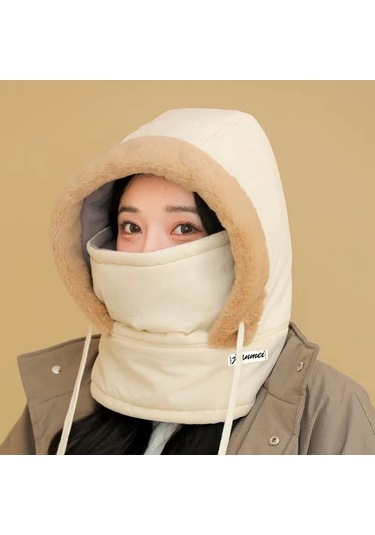 Kulak Korumalı Rüzgar Ve Kar Maskeli Boyun Atkısı Entegre Şapka Krem