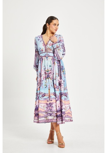 Kadın Desenli V Yaka Elbise Uzun Kollu, Kuşaklı, Astarlı Mavi