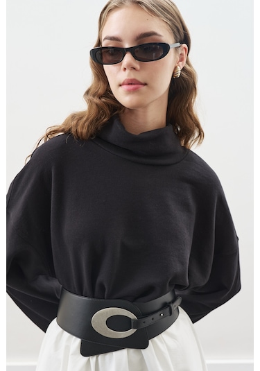 Yüksek Yakalı Oversıze Sweatshırt Siyah Siyah