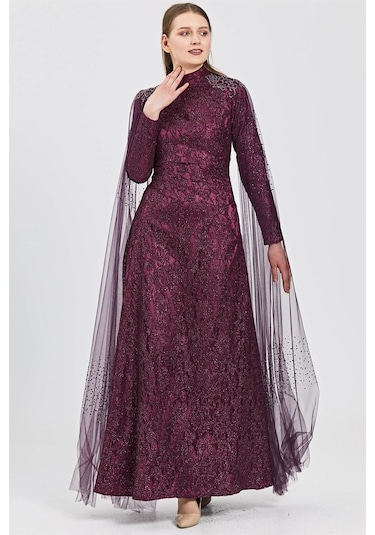 Mürdüm Omuzda Etek Ucuna Uzanan Tül Üzeri Taş Kombinli Dantelli A Mürdüm