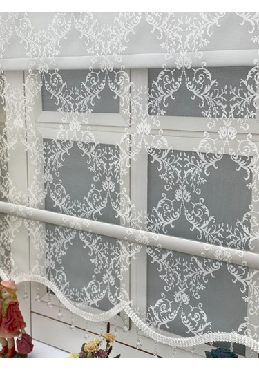 Ekru Renk Damaks Osmanlı Desen Çift Mekanızmalı Tül Stor Perde