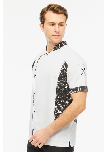 Uniprom Kısa Kollu Aşçı Ceketi Önlük Nakışlı Cepli Şef, Garson Beyaz-siyah