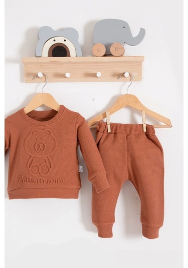 Bear Gofre Kabartmalı 2'li Erkek Bebek Takımı Kahve Kahverengi