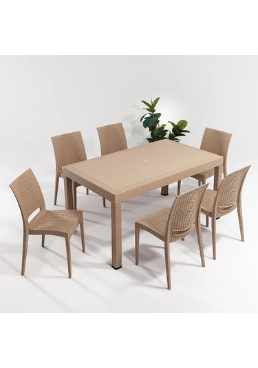 Rattan Dikdörtgen Cappucino Masa Takımı 1 Masa + 6 Sandalye Bahçe Balkon Teras Cappucino