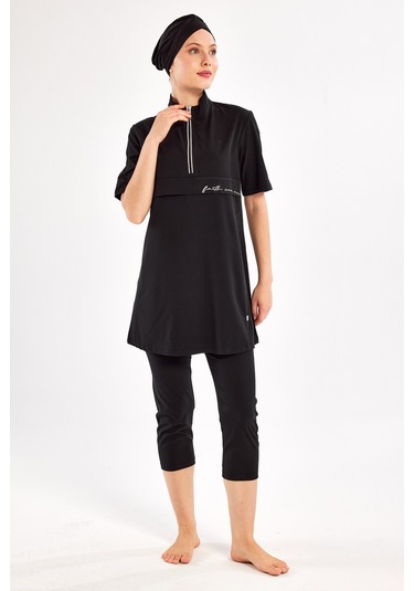 Kısa Kollu Spor Likra Yarı Kapalı Mayo Yetta 1603 Siyah Siyah