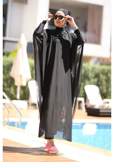 Remsa Mayo Tesettür Mayo Üzerine Desenli Tek Kaftan Pareo Rp001 Siyah Siyah
