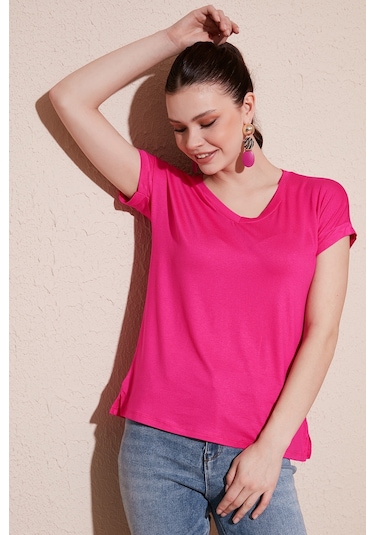 Lela V Yaka Rahat Kesim Yırtmaçlı Bayan Bluz 5862000 Fuşya