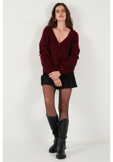 Lela Oversize Fit V Yaka Fiyonk Detaylı Düğmeli Bayan Hırka 4615577 Bordo