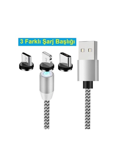 1 Metre Mıknatıslı 3 in 1 Manyetik Soket Şarj Kablosu