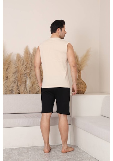 Seboteks %100 Pamuklu Kolsuz Cepli Erkek Şortlu Pijama Takımı 2011 Krem