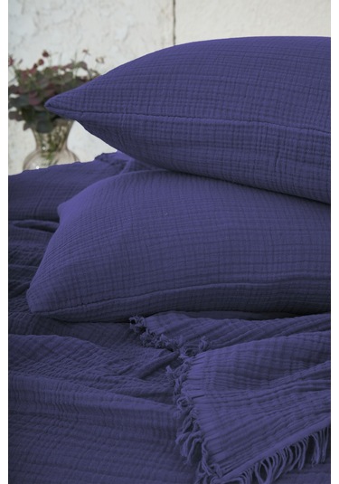 %100 Pamuk Müslin Yatak Örtüsü Tek Kişilik 4 Katlı Battaniye 2 Parça Müslin Pike Seti Lacivert Lacivert