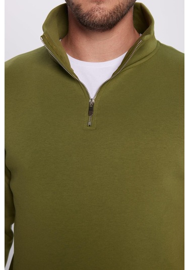 Unisex Relax Fit Rahat Kesim Pamuklu İçi Polarlı Yarım Fermuarlı Haki Dik Yaka Sweatshirt-31452 Haki
