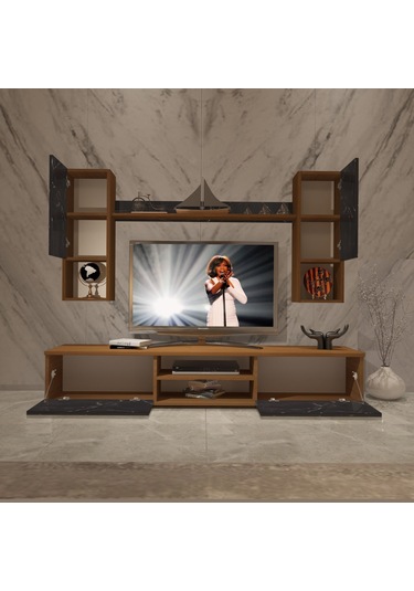 Decoraktiv Eko 5da Mdf Dvd Tv Ünitesi Tv Sehpası Ceviz - Siyah Mermer