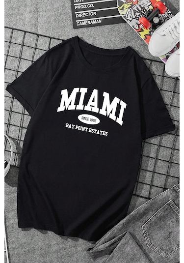 Pamuklu Miami Baskılı Oversize T-shirt Siyah