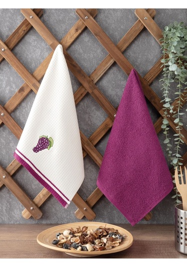 2 Li Mutfak Havlusu Mor Renk Üzüm Nakışlı Mor