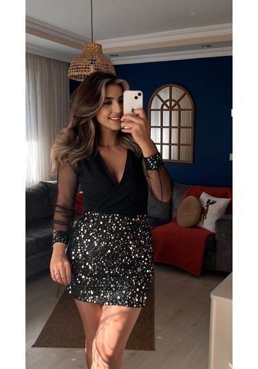 Kadın Uzun Kollu V Yakalı Üst Krep Alt Payet Kısa Elbise Siyah