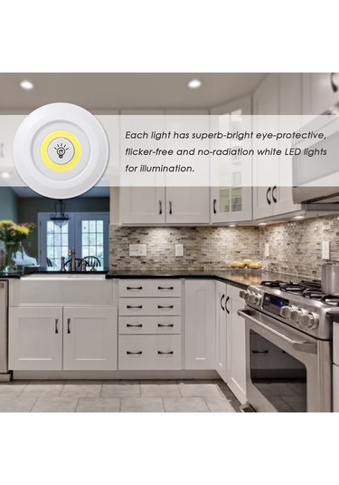 Ruicoo Kablosuz Cob Led Dolap Aydınlatma - 3'lü Paket, Uzaktan Kumandalı, Parlaklık Ayarlı, Taşınabilir, Pil İle Çalışan Beyaz