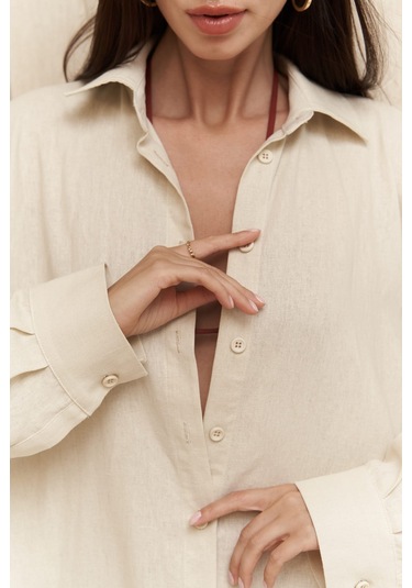 Charlotte Ekru Oversize Keten Gömlek Ekru