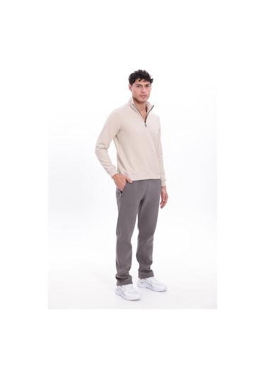 Rowinger Yarım Fermuarlı Dik Yaka Selanik Örme Erkek Sweatshirt Beıge